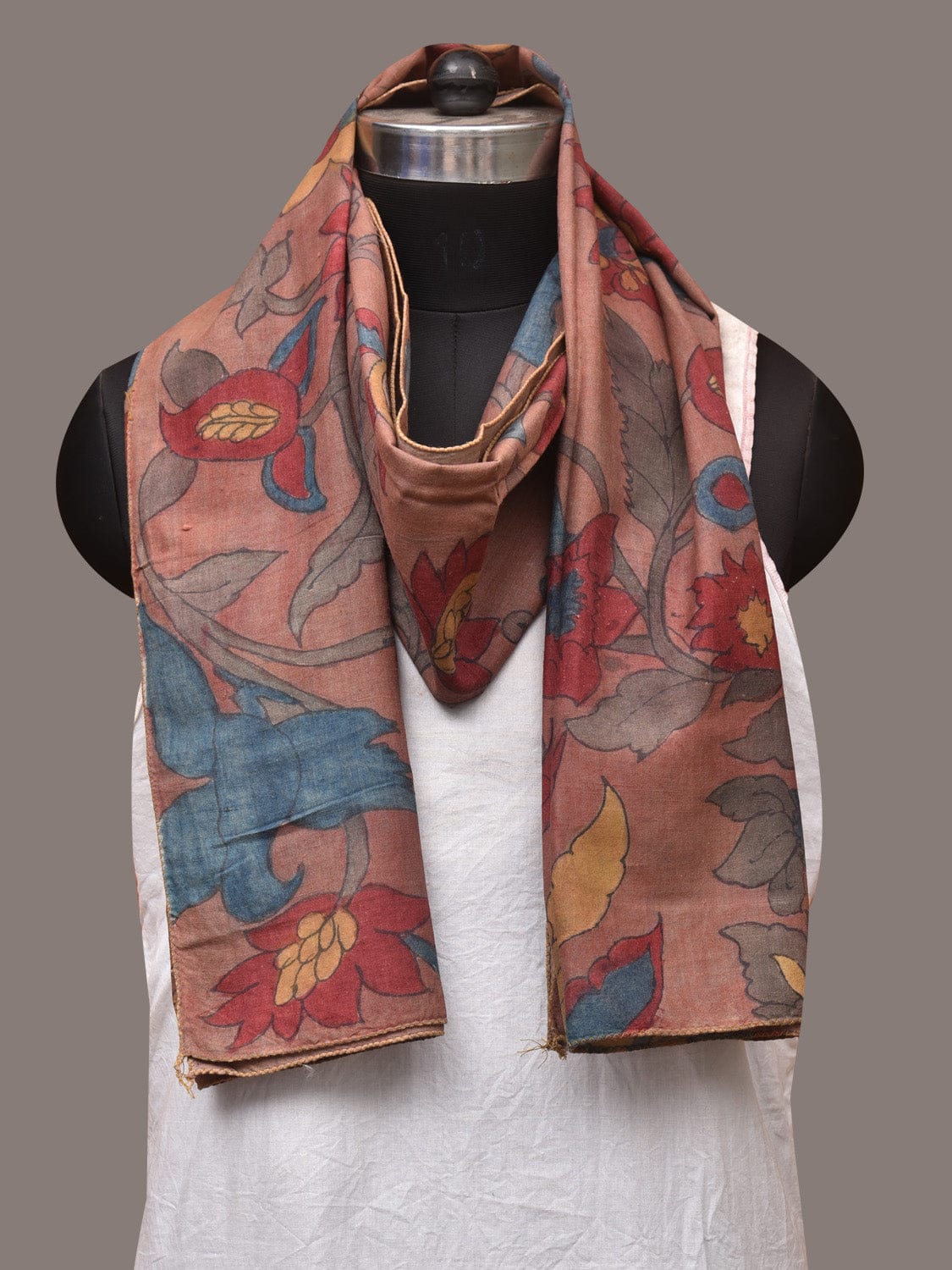 Light Brown Kalamkari Hand Painted Sico Stole with Floral Design - Global Threads