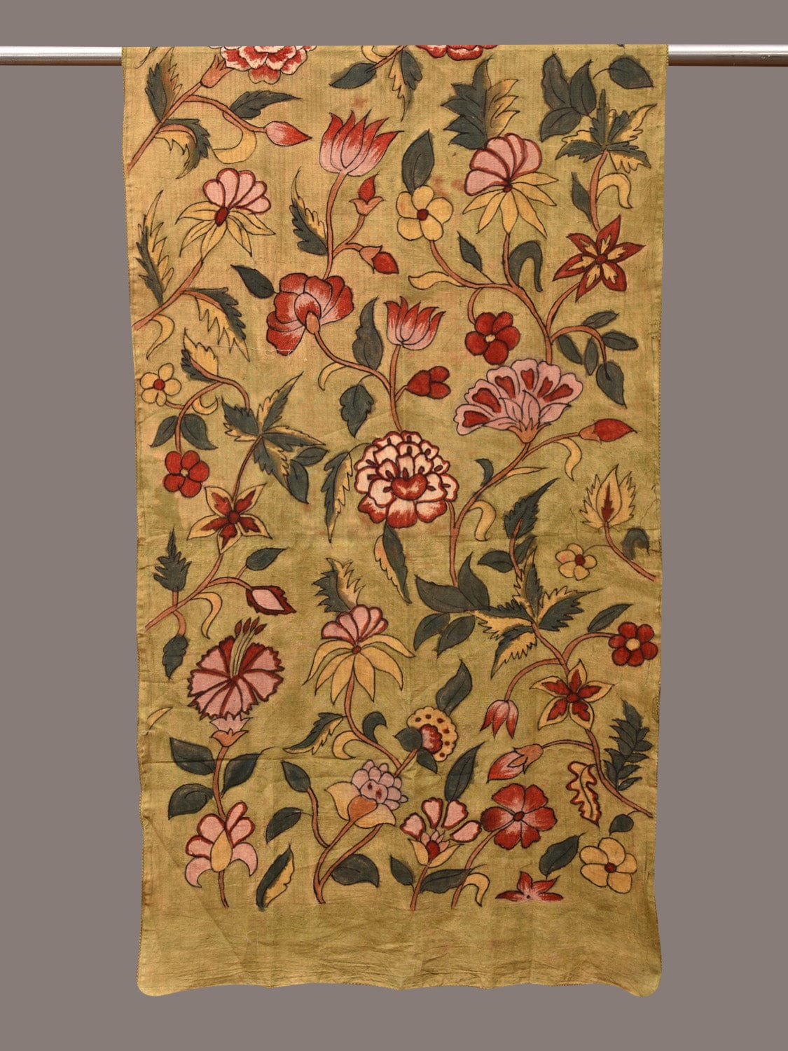Light Green Kalamkari Hand Painted Cotton Stole with Floral Design - Global Threads