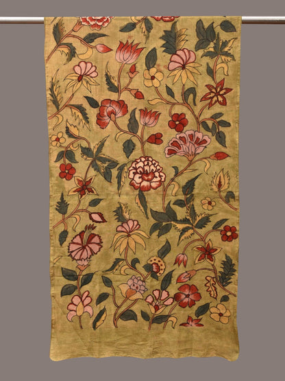 Light Green Kalamkari Hand Painted Cotton Stole with Floral Design - Global Threads