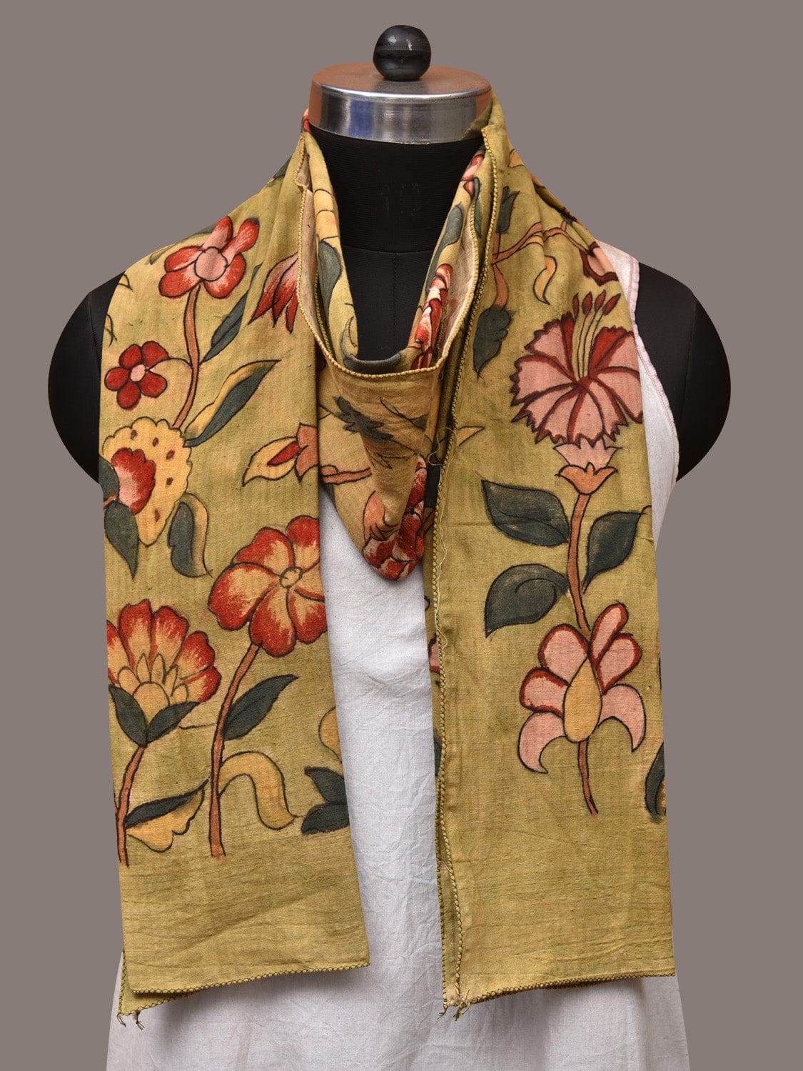 Light Green Kalamkari Hand Painted Cotton Stole with Floral Design - Global Threads