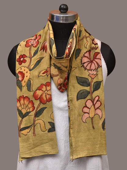 Light Green Kalamkari Hand Painted Cotton Stole with Floral Design - Global Threads
