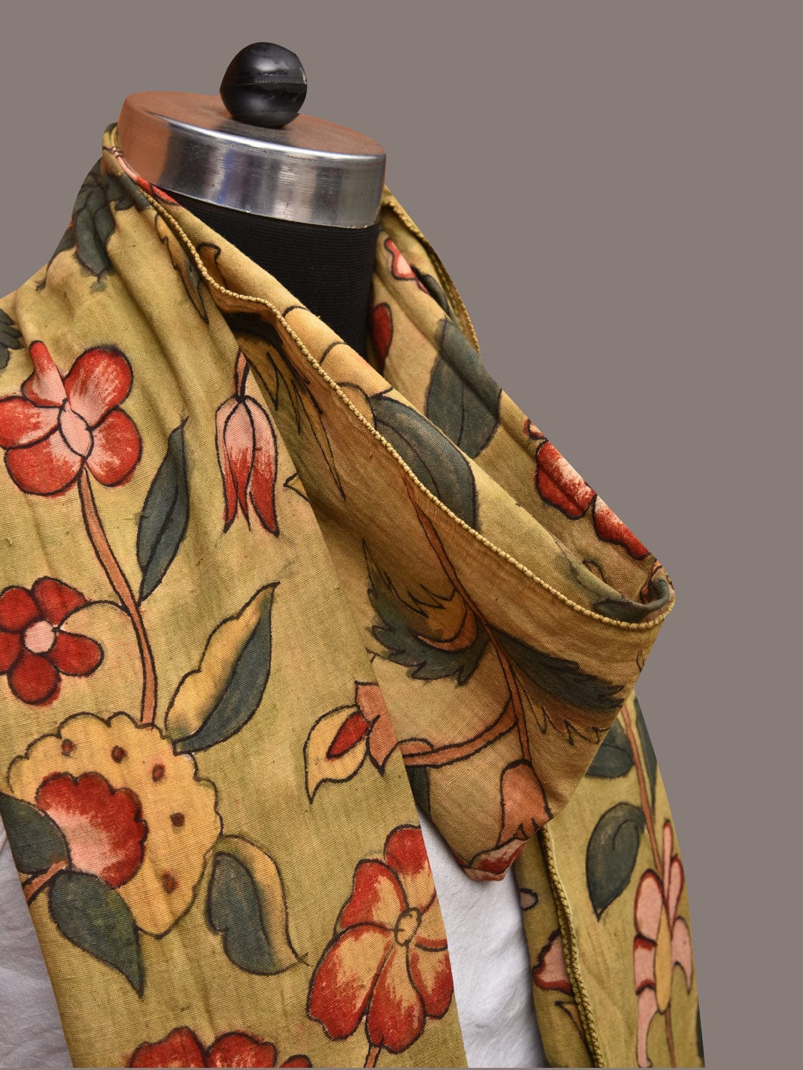 Light Green Kalamkari Hand Painted Cotton Stole with Floral Design - Global Threads