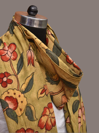 Light Green Kalamkari Hand Painted Cotton Stole with Floral Design - Global Threads