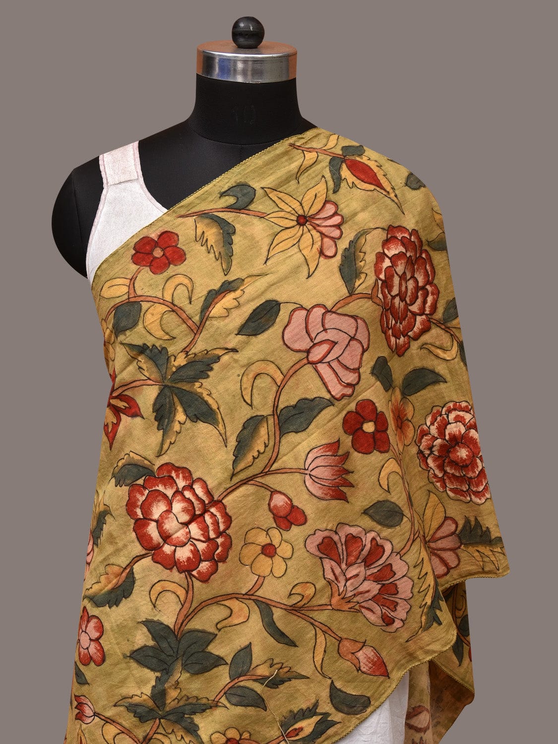 Light Green Kalamkari Hand Painted Cotton Stole with Floral Design - Global Threads