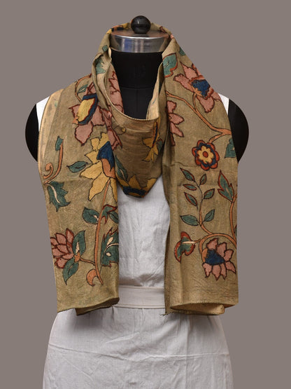 Light Green Kalamkari Hand Painted Sico Stole with Floral Design - Global Threads