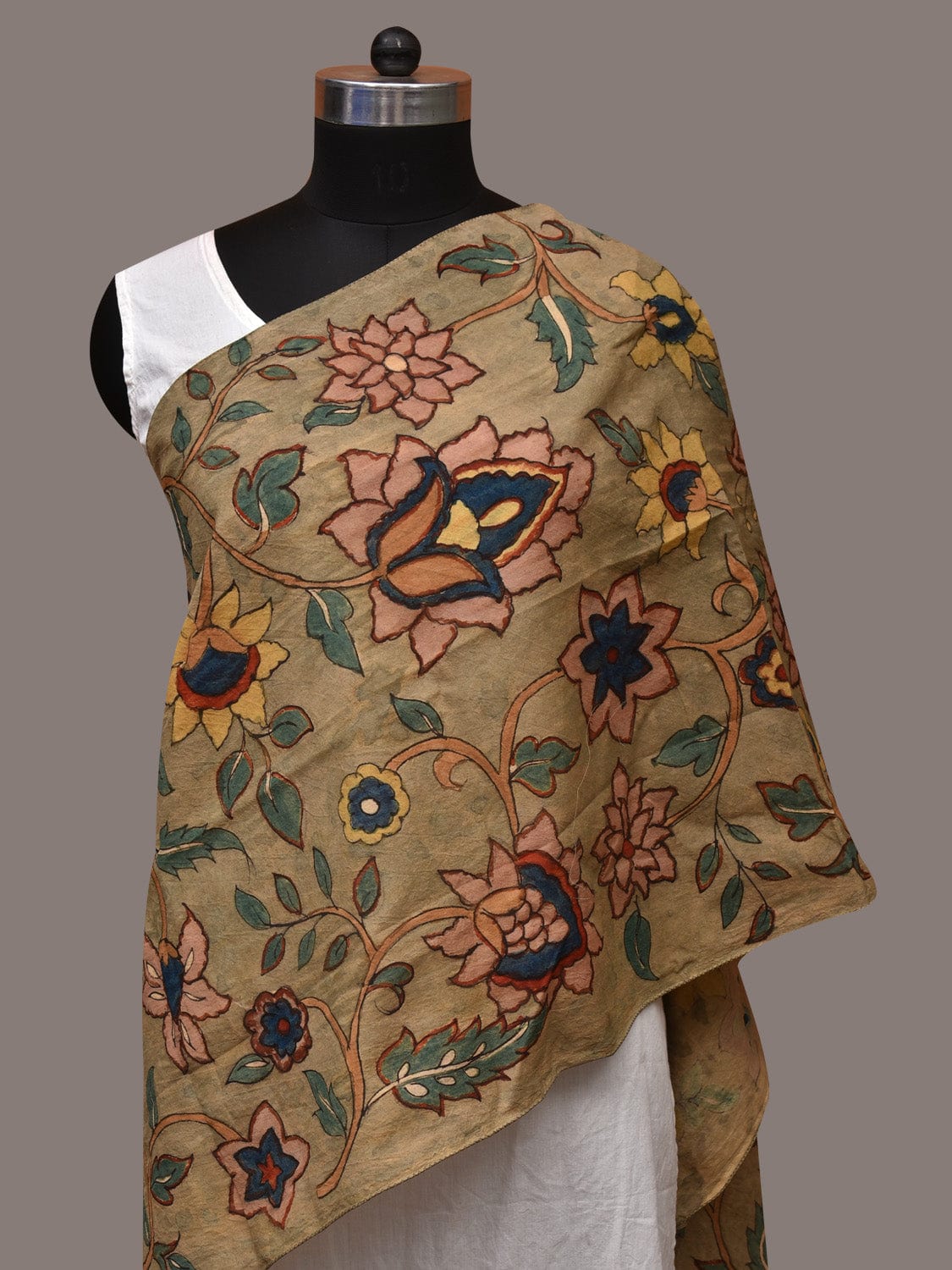 Light Green Kalamkari Hand Painted Sico Stole with Floral Design - Global Threads
