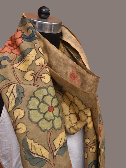 Light Green Kalamkari Hand Painted Woolen Handloom Stole with Floral Design - Global Threads
