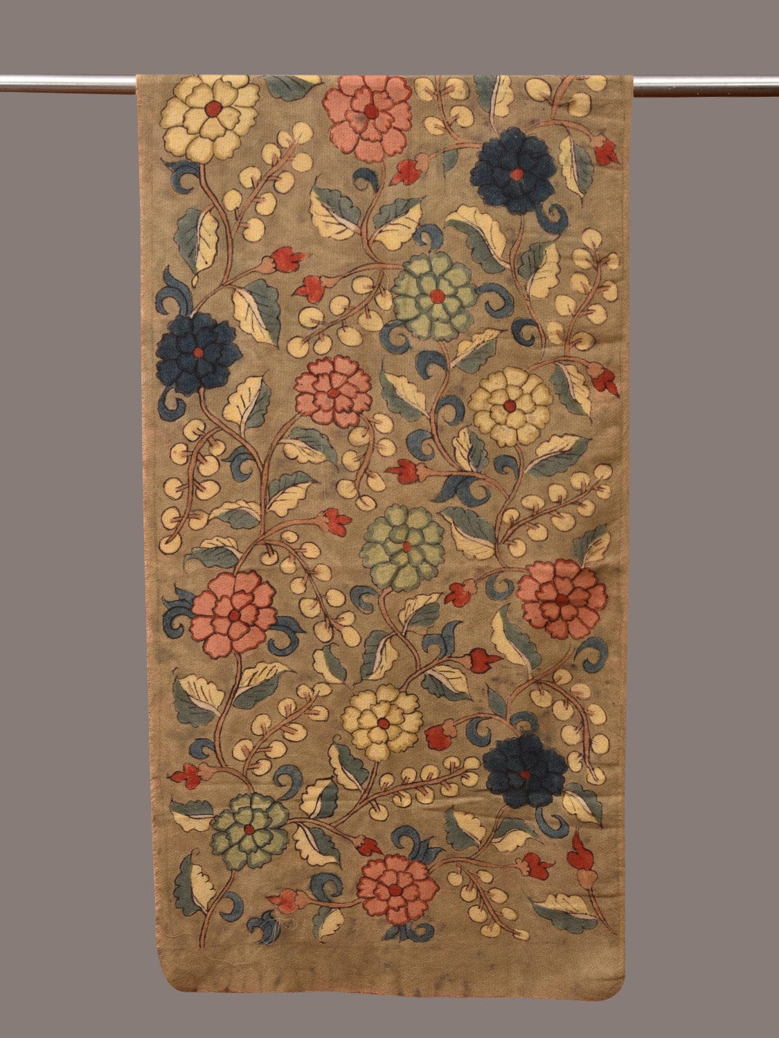 Light Green Kalamkari Hand Painted Woolen Handloom Stole with Floral Design - Global Threads