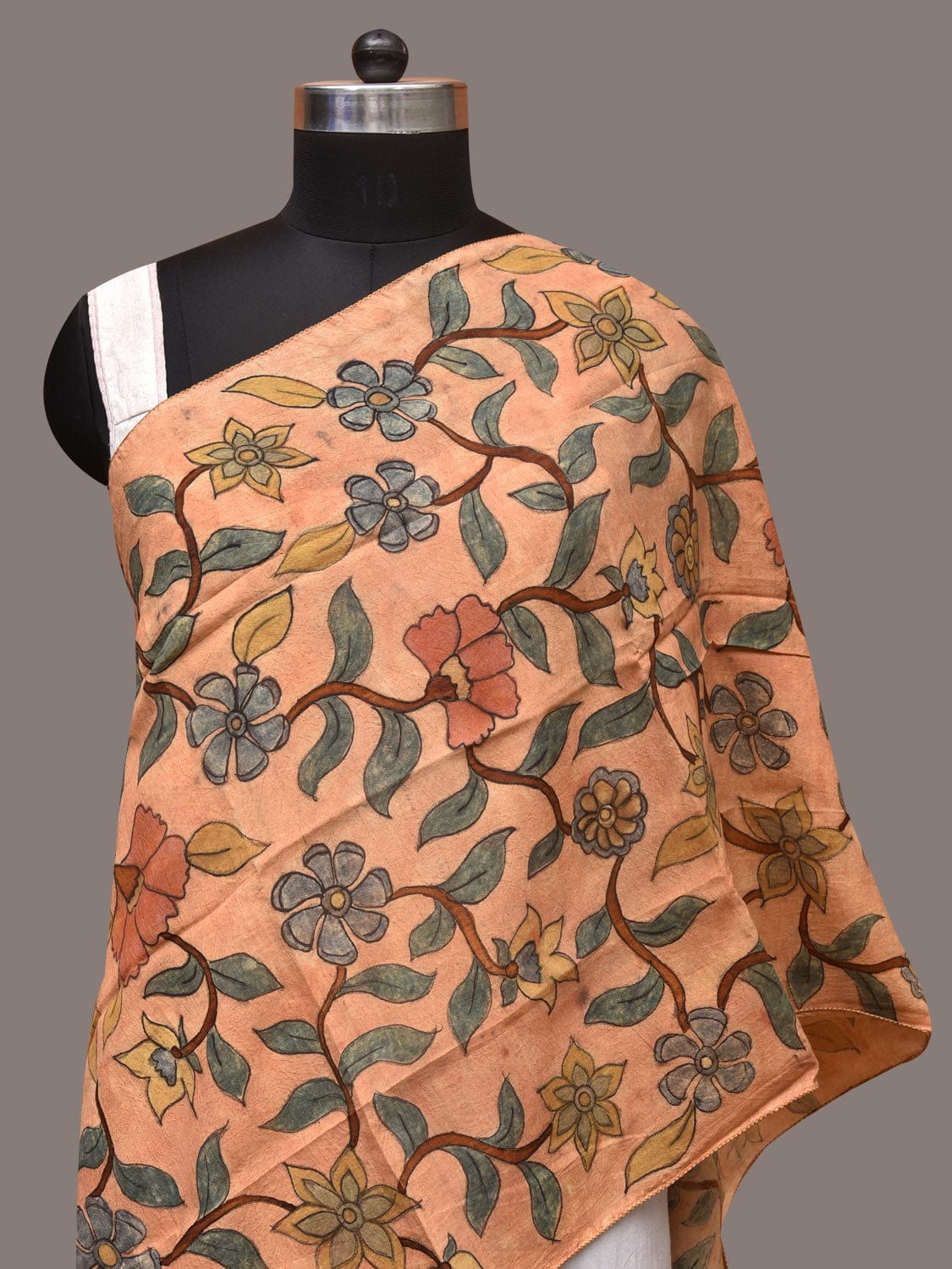 Light Orange Kalamkari Hand Painted Sico Stole with Floral Design - Global Threads
