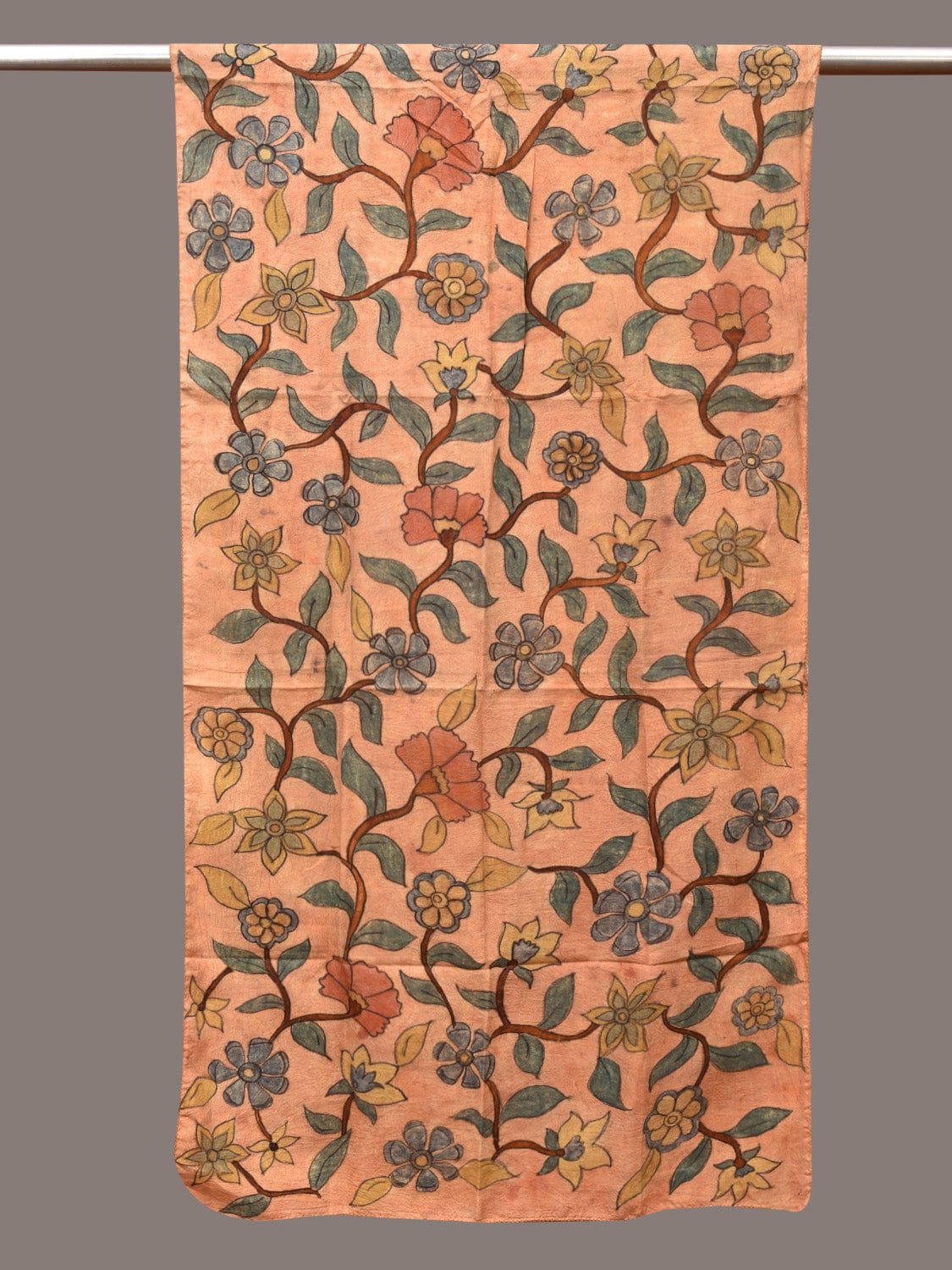 Light Orange Kalamkari Hand Painted Sico Stole with Floral Design - Global Threads