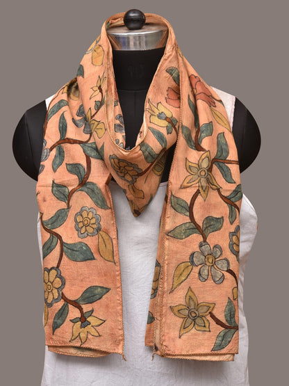 Light Orange Kalamkari Hand Painted Sico Stole with Floral Design - Global Threads