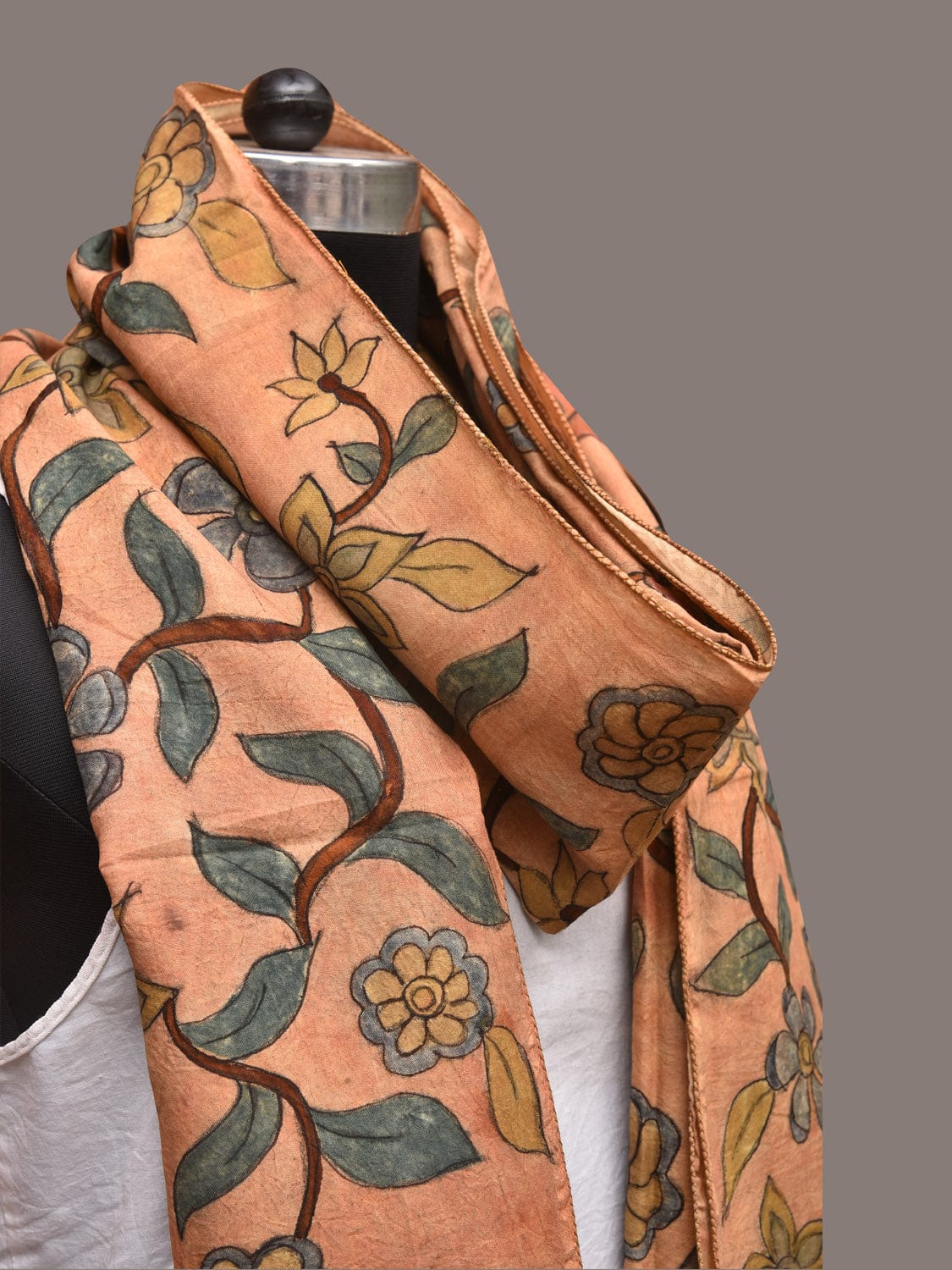 Light Orange Kalamkari Hand Painted Sico Stole with Floral Design - Global Threads