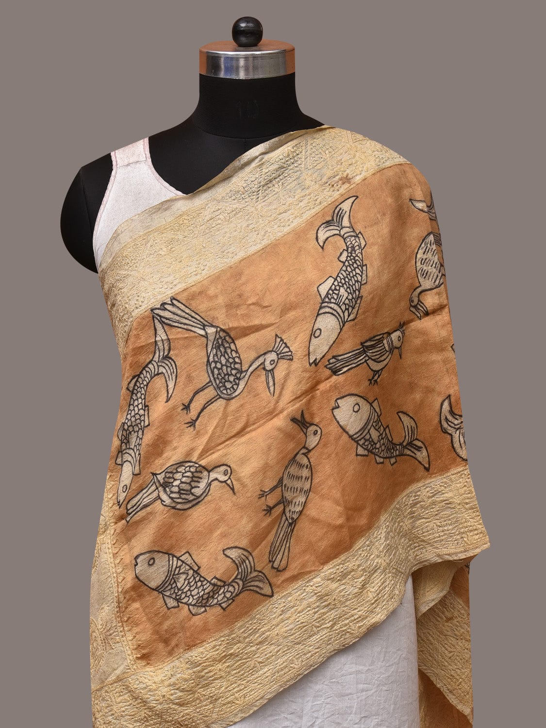 Light Orange Kalamkari Hand Painted Tussar Handloom Stole with Birds, Fishes and Embroidery Design - Global Threads