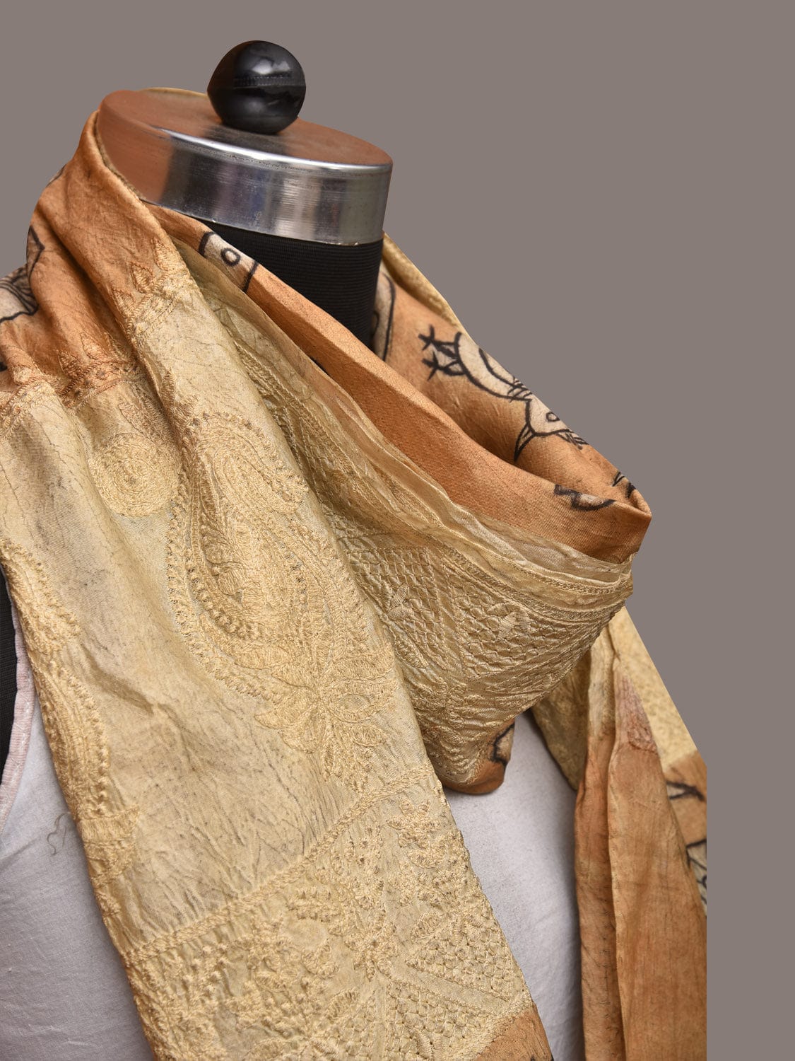 Light Orange Kalamkari Hand Painted Tussar Handloom Stole with Birds, Fishes and Embroidery Design - Global Threads