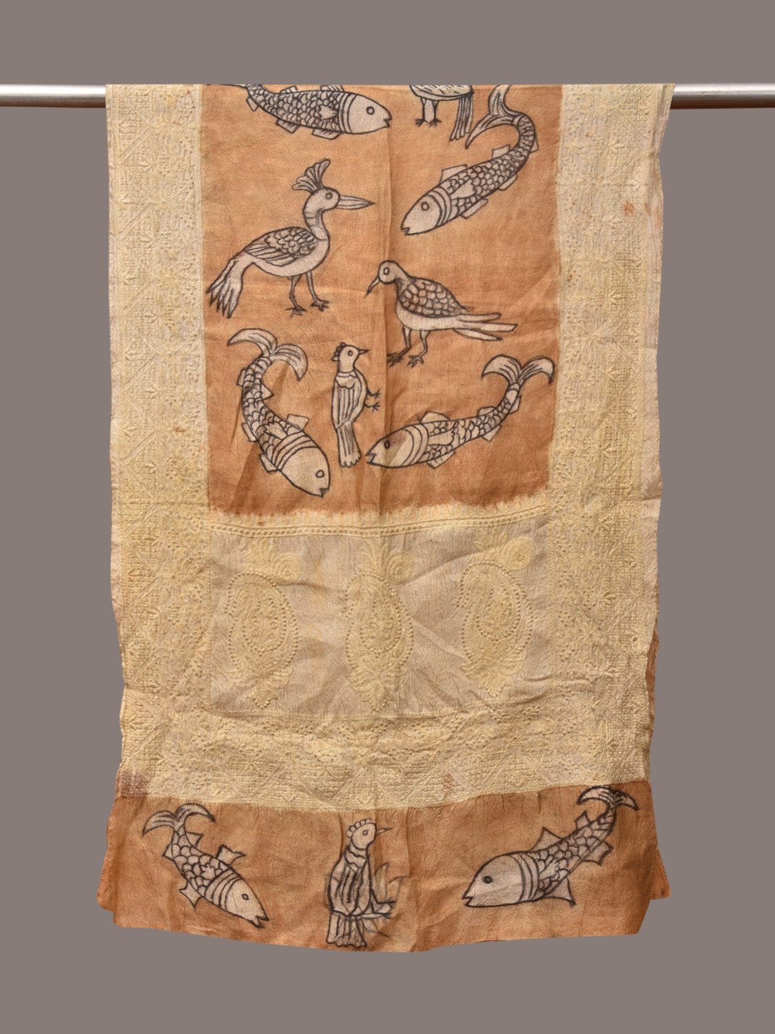 Light Orange Kalamkari Hand Painted Tussar Handloom Stole with Birds, Fishes and Embroidery Design - Global Threads