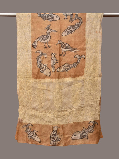Light Orange Kalamkari Hand Painted Tussar Handloom Stole with Birds, Fishes and Embroidery Design - Global Threads