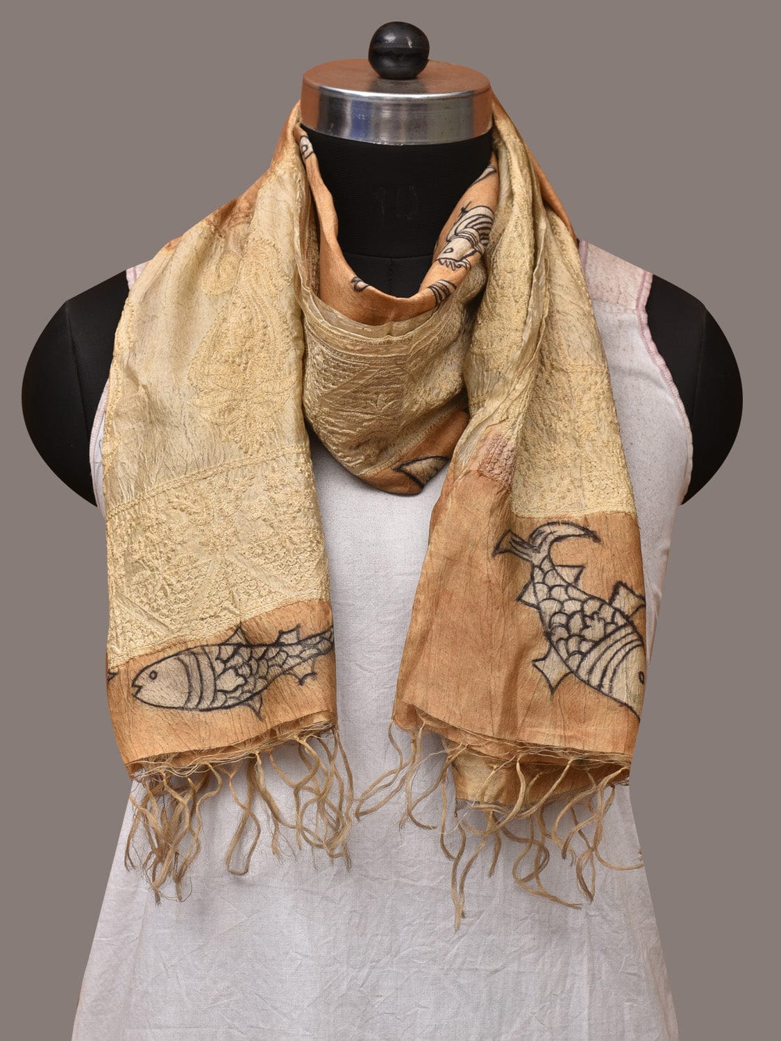 Light Orange Kalamkari Hand Painted Tussar Handloom Stole with Birds, Fishes and Embroidery Design - Global Threads