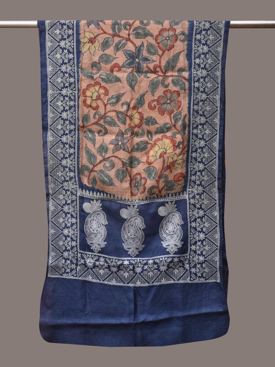 Light Peach and Blue Kalamkari Hand Painted Tussar Handloom Stole with Floral and Embroidery Design - Global Threads