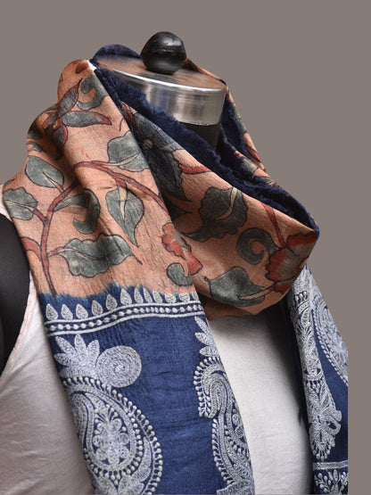 Light Peach and Blue Kalamkari Hand Painted Tussar Handloom Stole with Floral and Embroidery Design - Global Threads