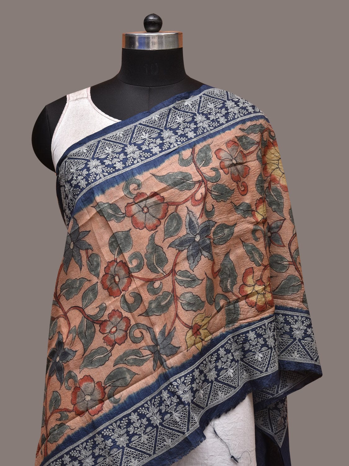 Light Peach and Blue Kalamkari Hand Painted Tussar Handloom Stole with Floral and Embroidery Design - Global Threads