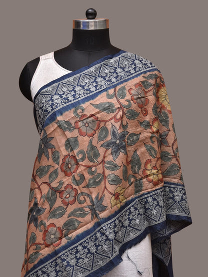 Light Peach and Blue Kalamkari Hand Painted Tussar Handloom Stole with Floral and Embroidery Design - Global Threads