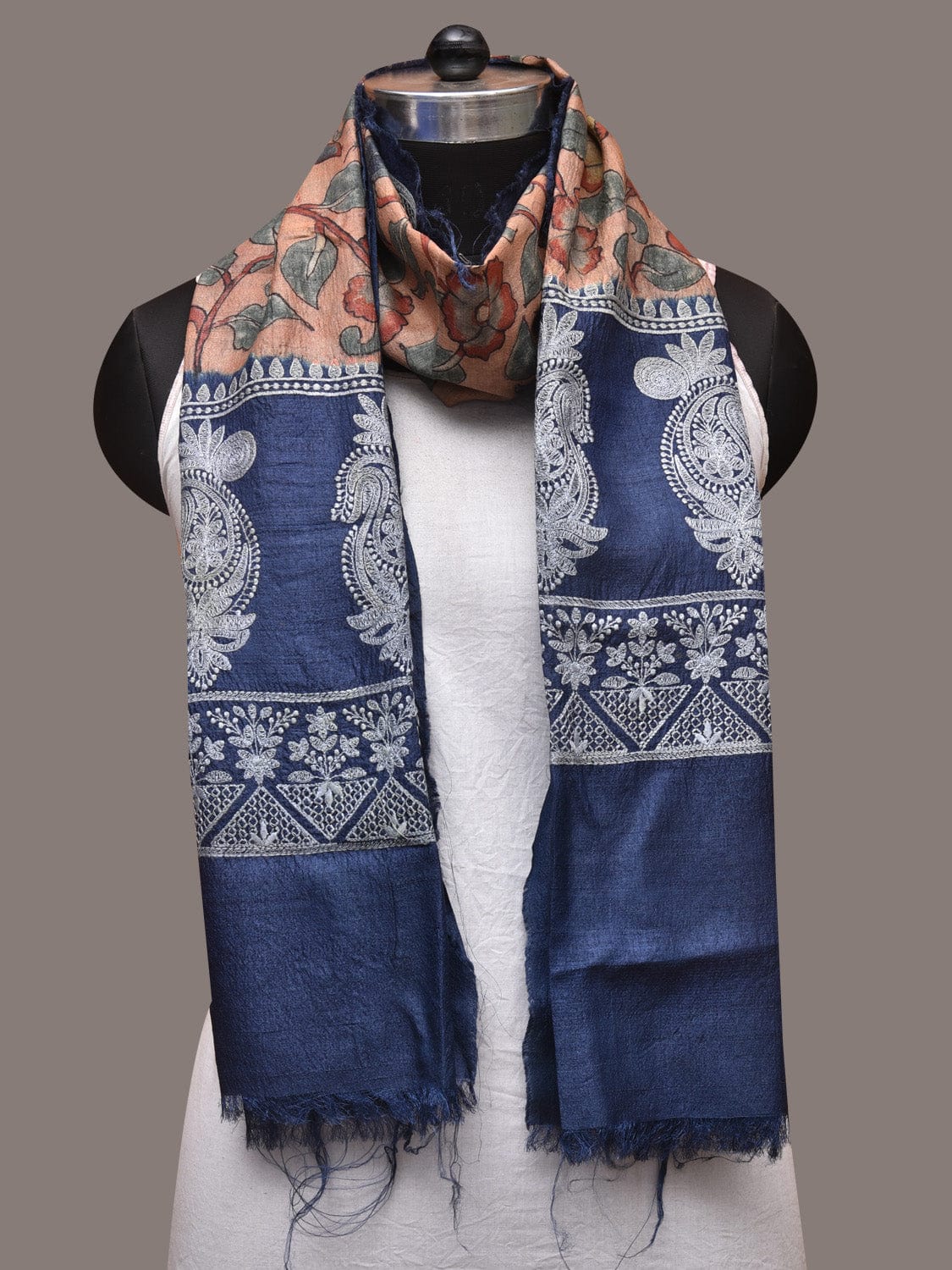 Light Peach and Blue Kalamkari Hand Painted Tussar Handloom Stole with Floral and Embroidery Design - Global Threads