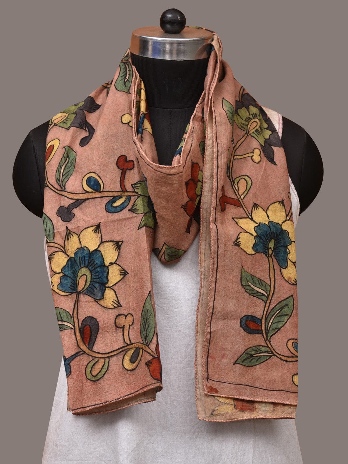 Light Peach Kalamkari Hand Painted Sico Stole with Floral Design - Global Threads