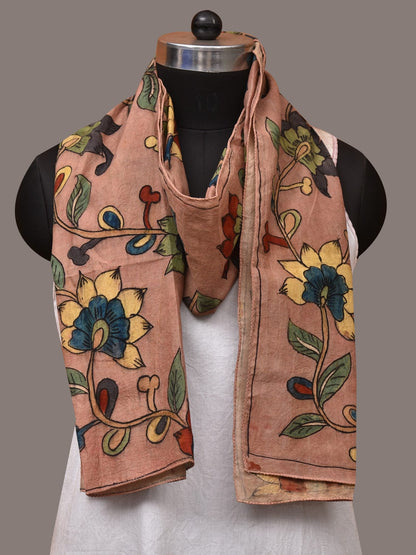 Light Peach Kalamkari Hand Painted Sico Stole with Floral Design - Global Threads