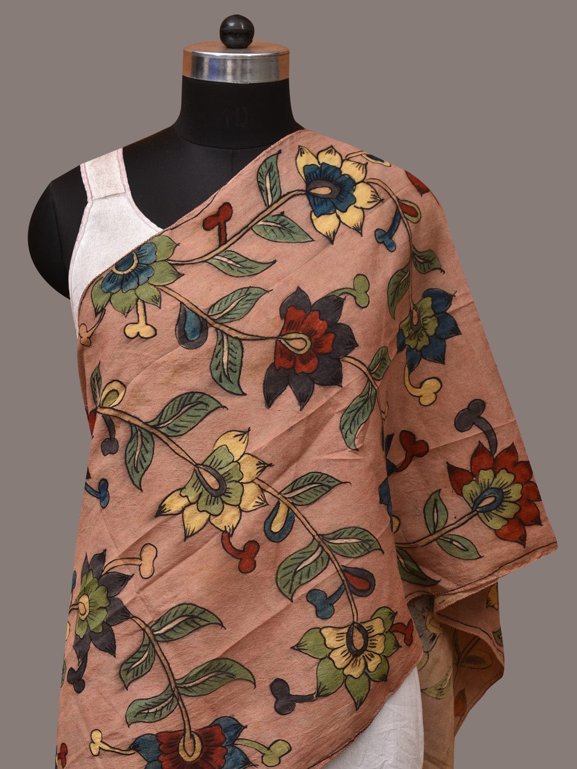 Light Peach Kalamkari Hand Painted Sico Stole with Floral Design - Global Threads