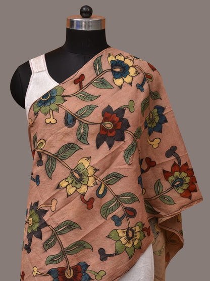 Light Peach Kalamkari Hand Painted Sico Stole with Floral Design - Global Threads