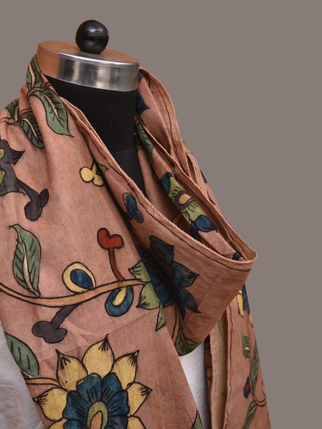 Light Peach Kalamkari Hand Painted Sico Stole with Floral Design - Global Threads