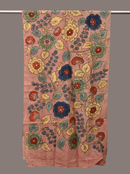Light Peach Kalamkari Hand Painted Sico Stole with Floral Design - Global Threads