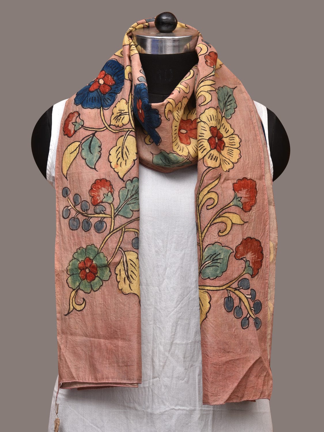 Light Peach Kalamkari Hand Painted Sico Stole with Floral Design - Global Threads