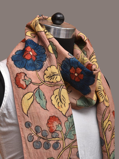 Light Peach Kalamkari Hand Painted Sico Stole with Floral Design - Global Threads