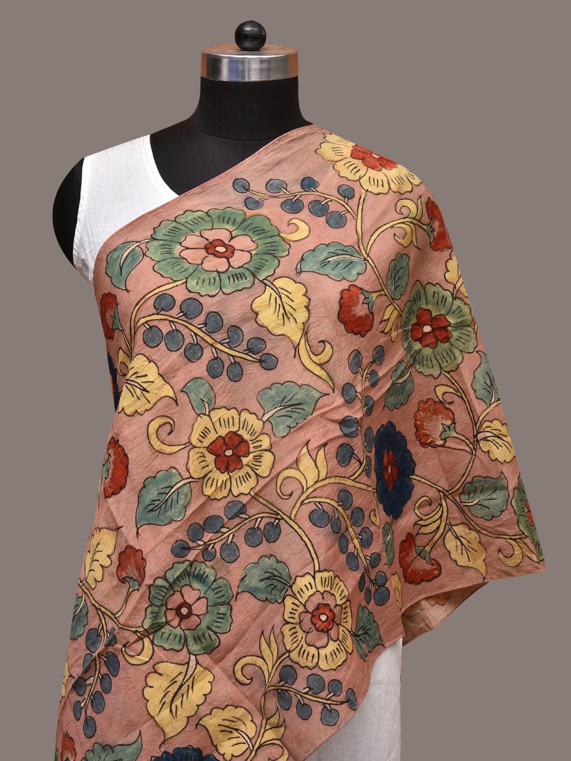 Light Peach Kalamkari Hand Painted Sico Stole with Floral Design - Global Threads