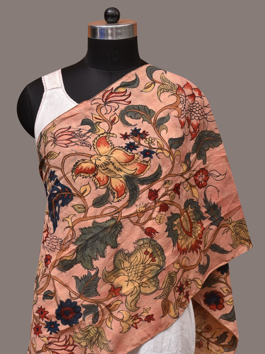 Light Peach Kalamkari Hand Painted Sico Stole with Tree of Life Design - Global Threads