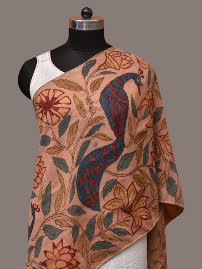 Light Peach Kalamkari Hand Painted Woolen Handloom Stole with Floral and Peacocks Design - Global Threads