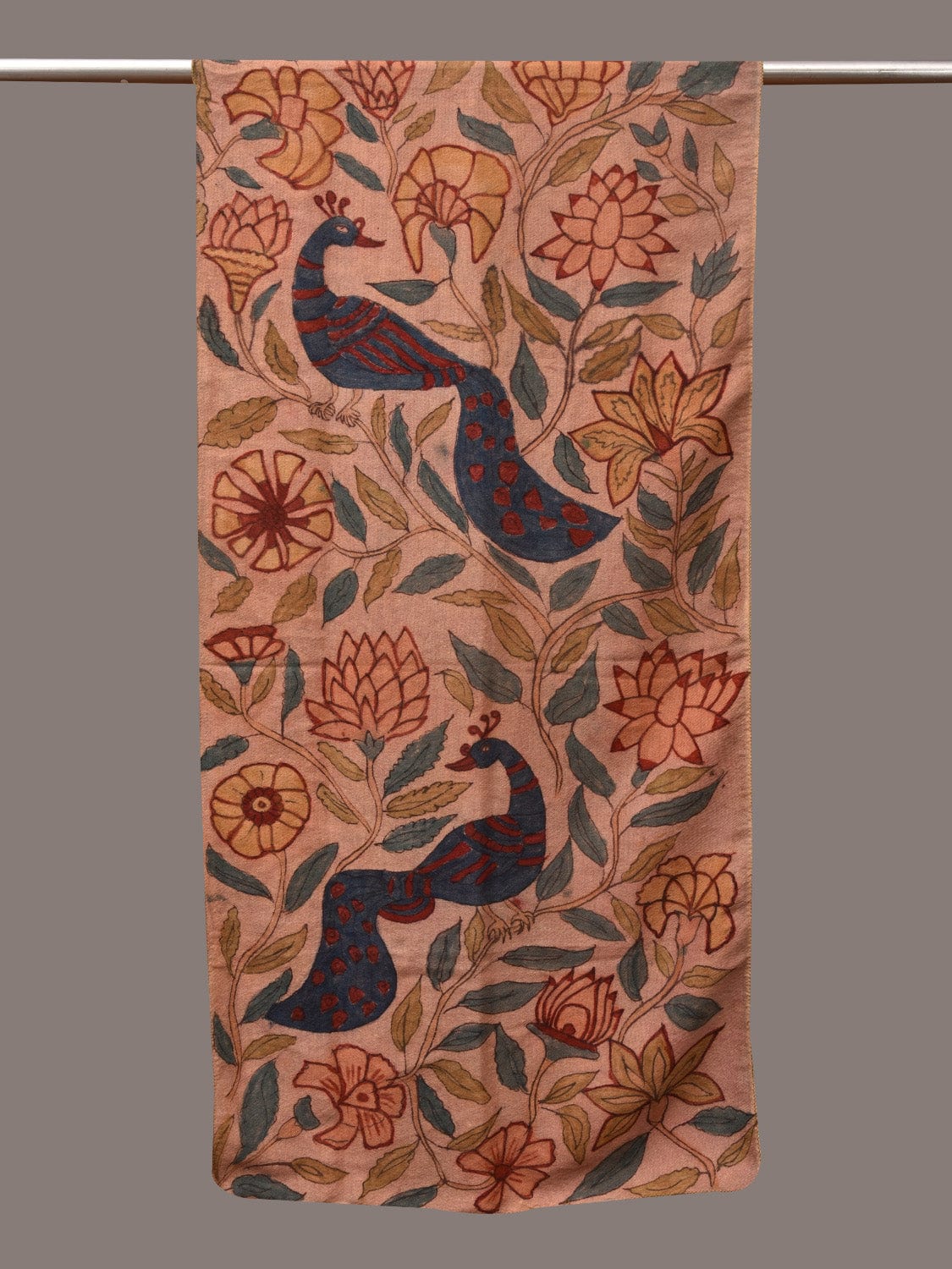 Light Peach Kalamkari Hand Painted Woolen Handloom Stole with Floral and Peacocks Design - Global Threads