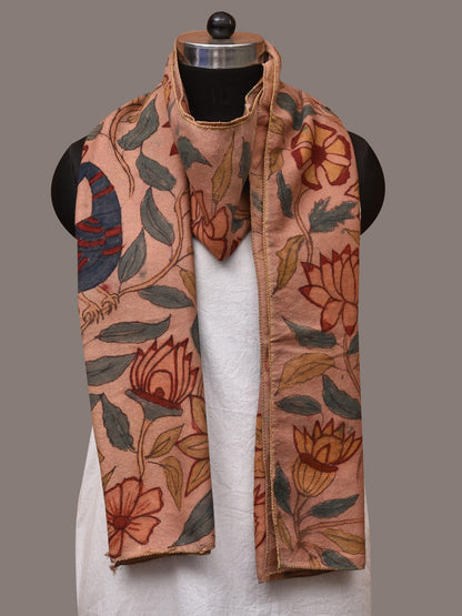 Light Peach Kalamkari Hand Painted Woolen Handloom Stole with Floral and Peacocks Design - Global Threads