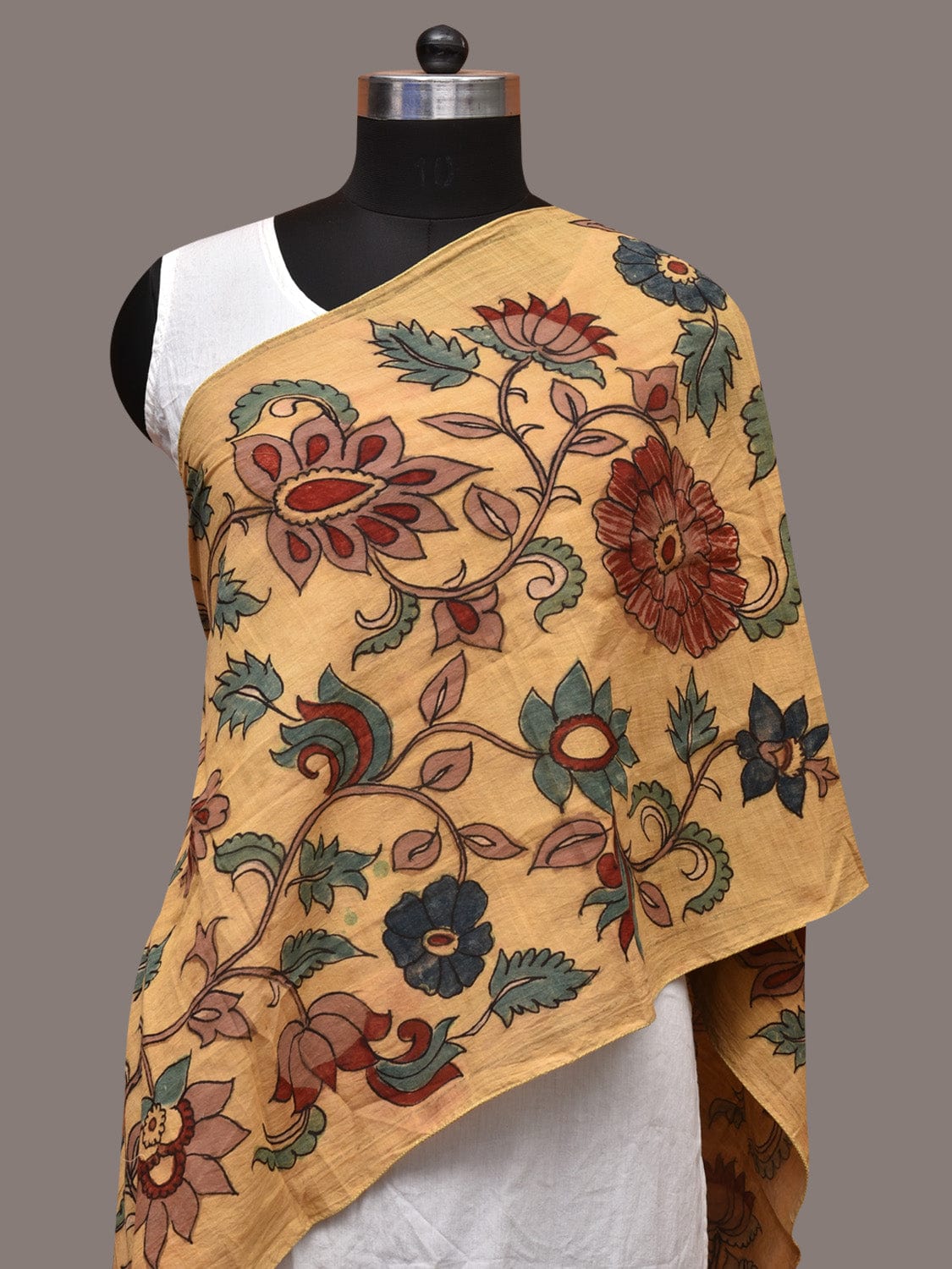Light Yellow Kalamkari Hand Painted Cotton Stole with Floral Design - Global Threads