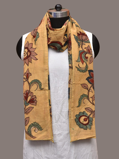 Light Yellow Kalamkari Hand Painted Cotton Stole with Floral Design - Global Threads