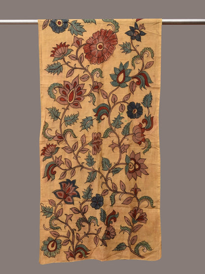 Light Yellow Kalamkari Hand Painted Cotton Stole with Floral Design - Global Threads