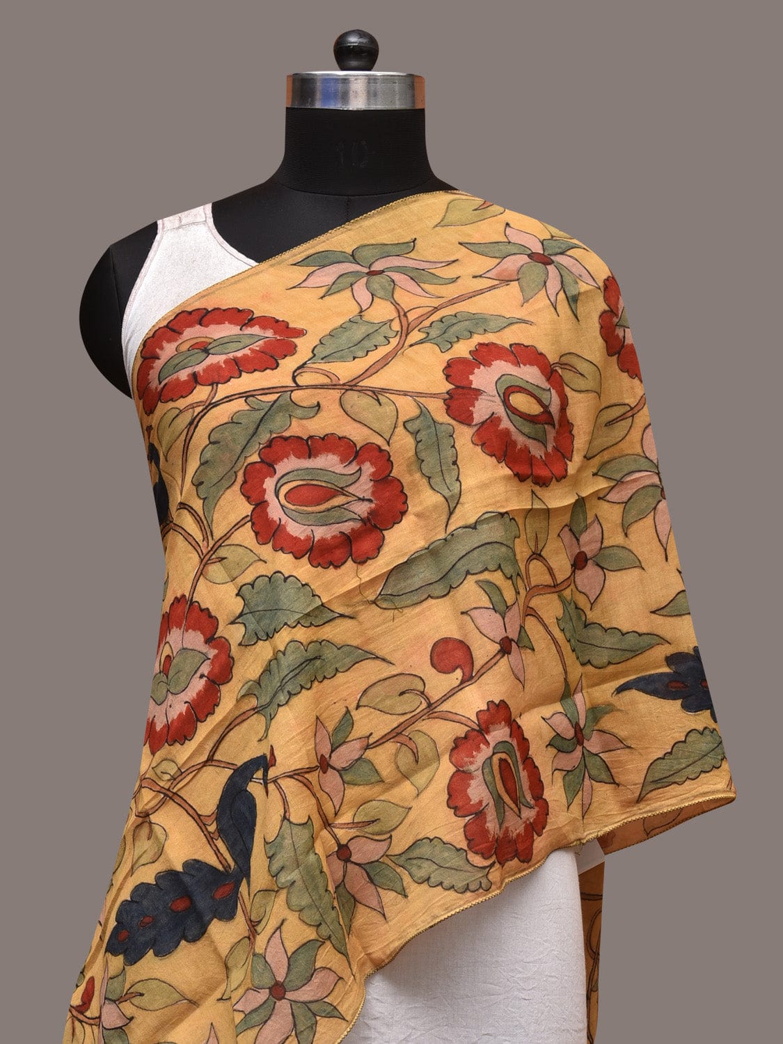 Light Yellow Kalamkari Hand Painted Sico Stole with Floral and Peacocks Design - Global Threads