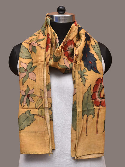 Light Yellow Kalamkari Hand Painted Sico Stole with Floral and Peacocks Design - Global Threads