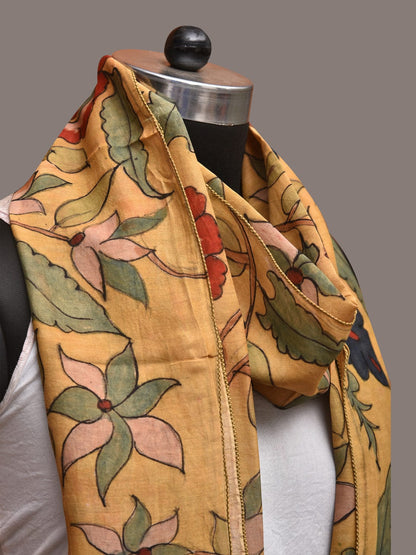 Light Yellow Kalamkari Hand Painted Sico Stole with Floral and Peacocks Design - Global Threads