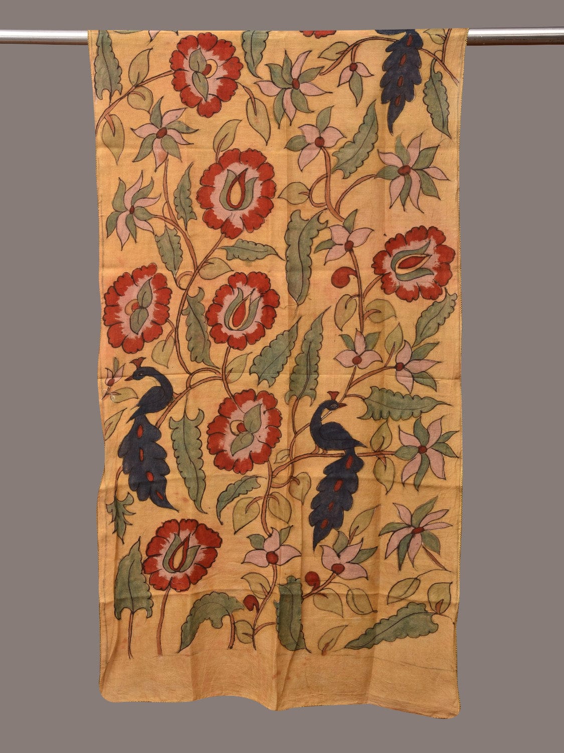 Light Yellow Kalamkari Hand Painted Sico Stole with Floral and Peacocks Design - Global Threads