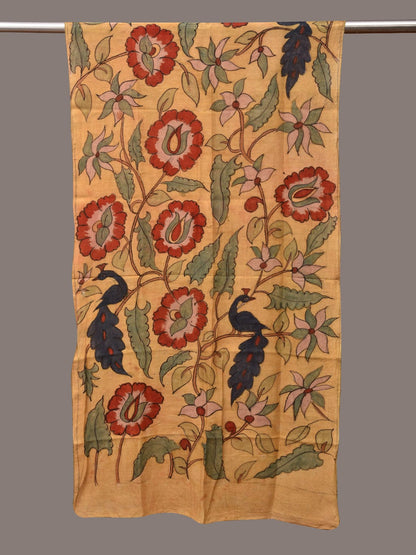 Light Yellow Kalamkari Hand Painted Sico Stole with Floral and Peacocks Design - Global Threads
