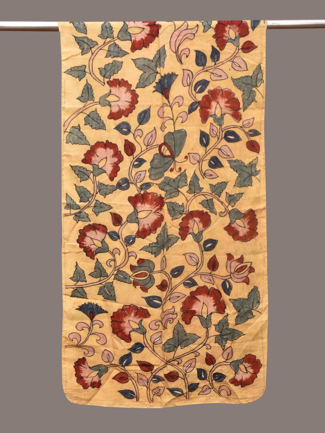 Light Yellow Kalamkari Hand Painted Sico Stole with Floral Design - Global Threads