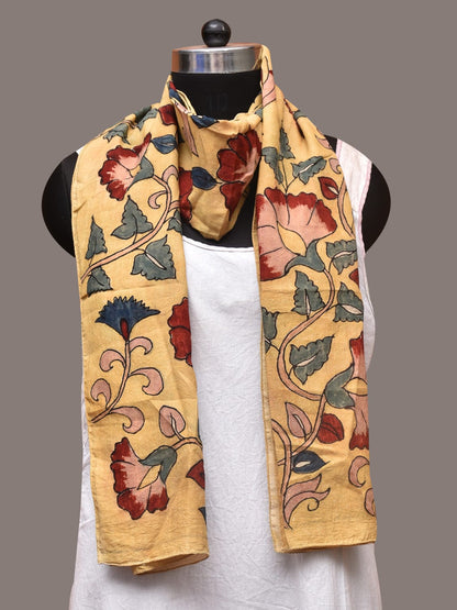 Light Yellow Kalamkari Hand Painted Sico Stole with Floral Design - Global Threads