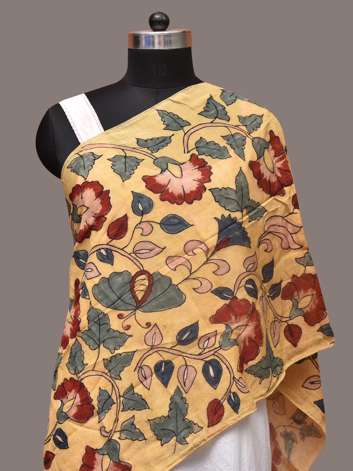 Light Yellow Kalamkari Hand Painted Sico Stole with Floral Design - Global Threads